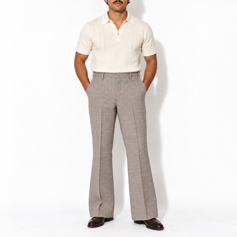 70s Vintage Wrangler Flare Pants Mens 34x34 Tan Brown Gray Dog Tooth Pattern Mod
